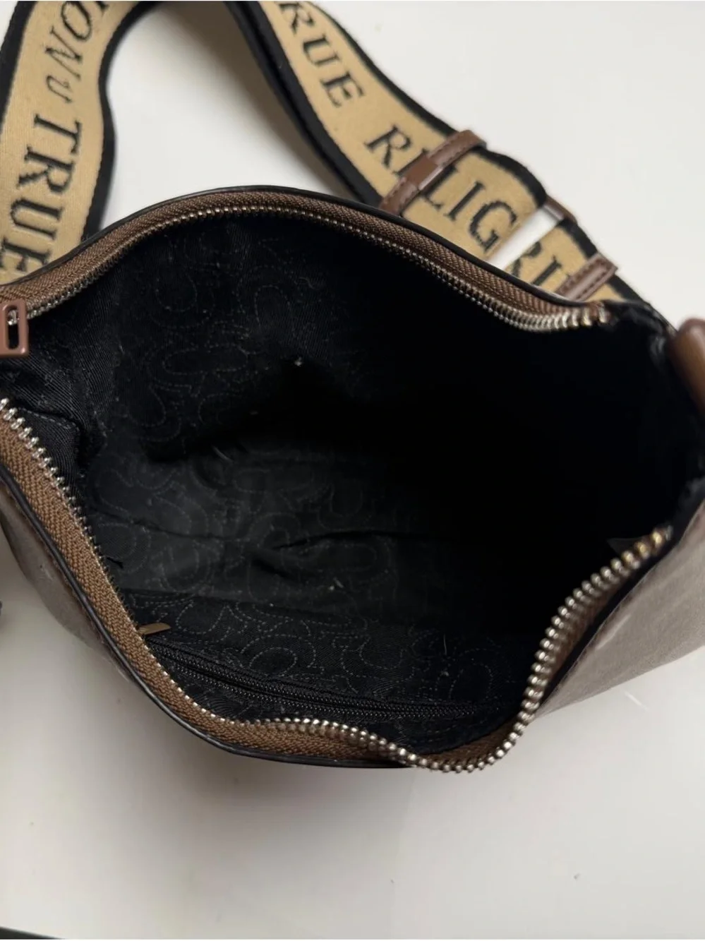 True religion Brown Leather Crescent Crossbody Bag with Detachable Strap